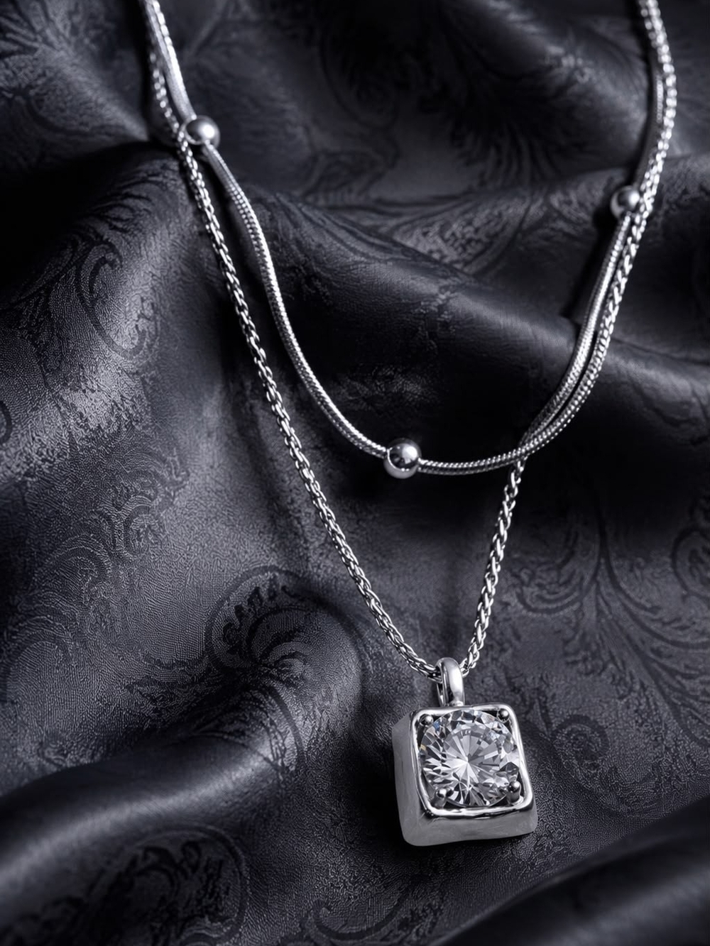 Stainless Steel Square CZ Pendant Necklace - Silver